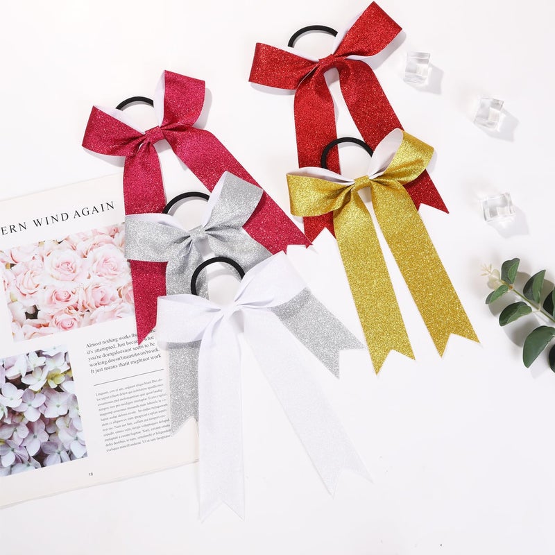Hipcheer Long Tail Glitter Cheer Bows 16 PCS Collegiate Style Cheer Bows Ponytail Holder Handmade Bows for Girls Teens Cheerleader Sports (Glitter Red) - Image 3